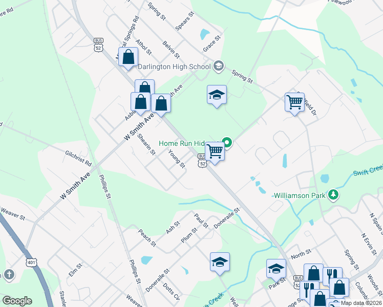 map of restaurants, bars, coffee shops, grocery stores, and more near 501 North Main Street in Darlington