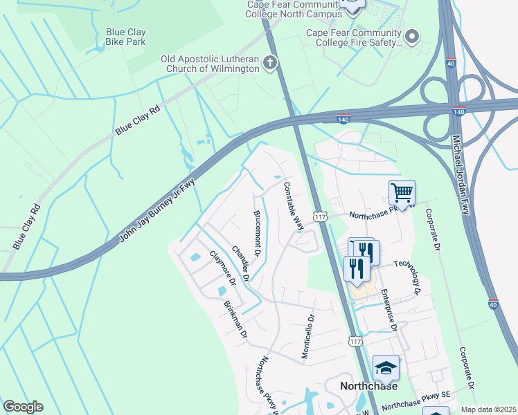 map of restaurants, bars, coffee shops, grocery stores, and more near 3360 Brucemont Drive in Wilmington