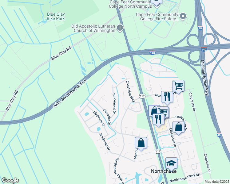 map of restaurants, bars, coffee shops, grocery stores, and more near 3360 Brucemont Drive in Wilmington