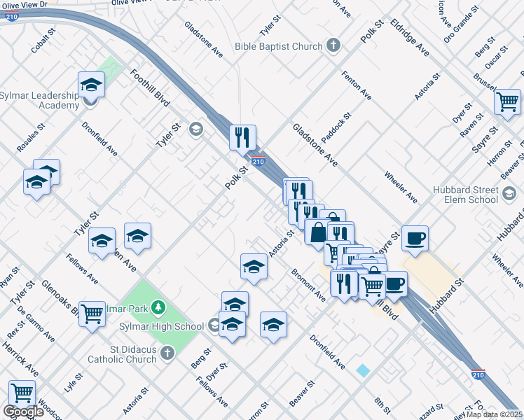 map of restaurants, bars, coffee shops, grocery stores, and more near 14020 Foothill Boulevard in Los Angeles