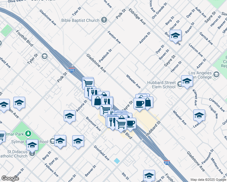 map of restaurants, bars, coffee shops, grocery stores, and more near 13363 Gladstone Avenue in Los Angeles