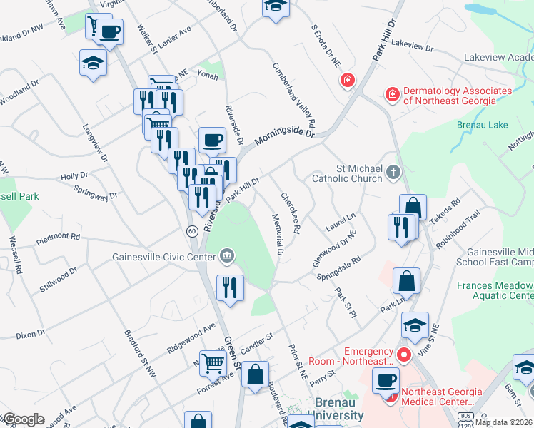 map of restaurants, bars, coffee shops, grocery stores, and more near 919 Memorial Drive in Gainesville