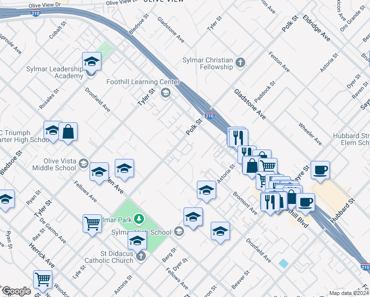 map of restaurants, bars, coffee shops, grocery stores, and more near 14200 Polk Street in Los Angeles