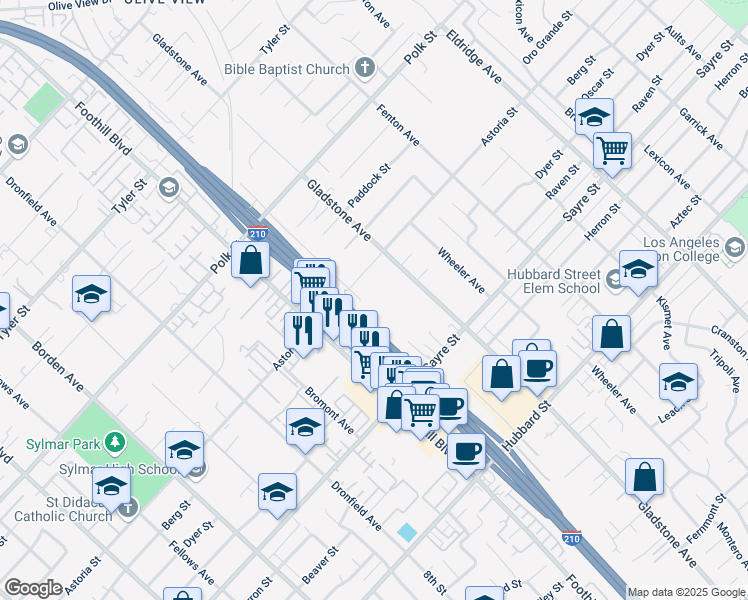 map of restaurants, bars, coffee shops, grocery stores, and more near 13363 Gladstone Avenue in Los Angeles
