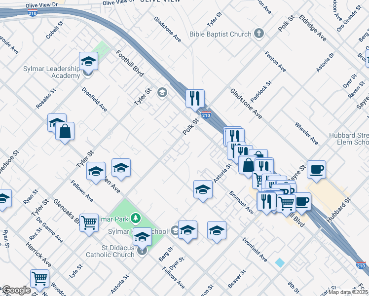 map of restaurants, bars, coffee shops, grocery stores, and more near 14200 Polk Street in Los Angeles