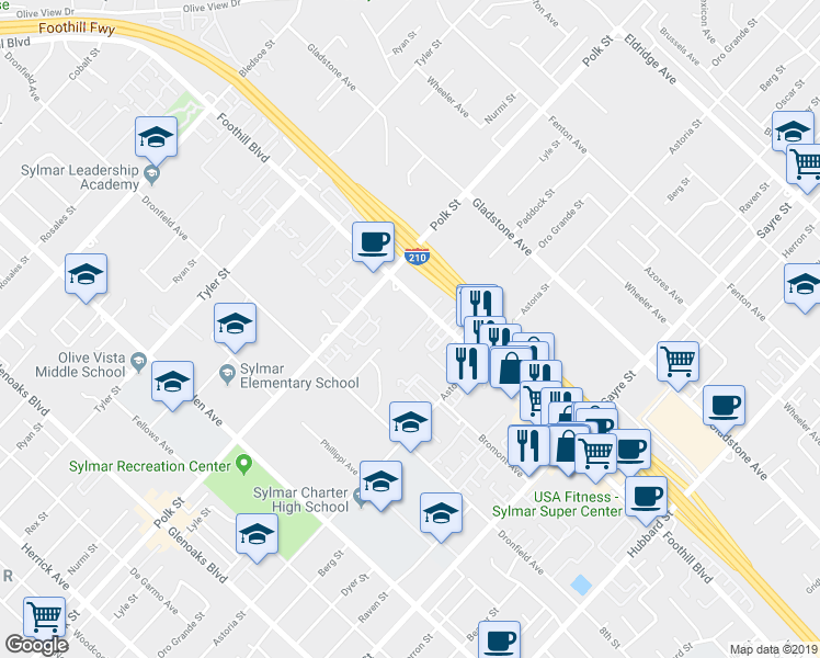 map of restaurants, bars, coffee shops, grocery stores, and more near 14040 Foothill Boulevard in Los Angeles
