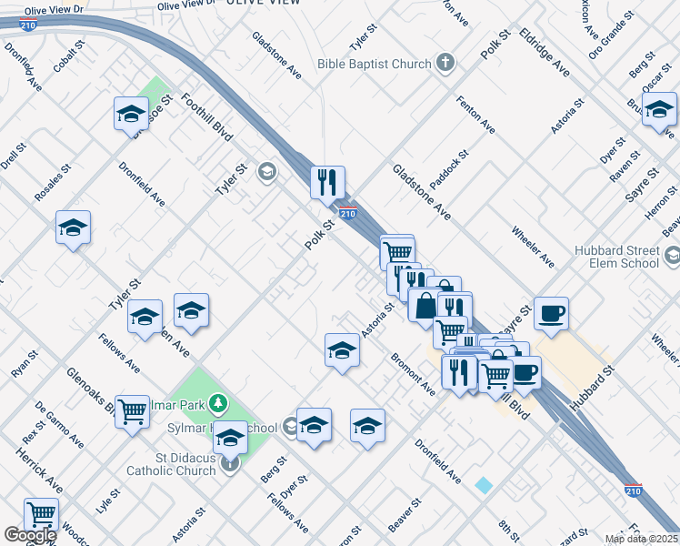 map of restaurants, bars, coffee shops, grocery stores, and more near 14040 Foothill Boulevard in Los Angeles