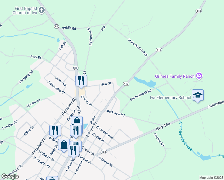 map of restaurants, bars, coffee shops, grocery stores, and more near 221 New Street in Iva