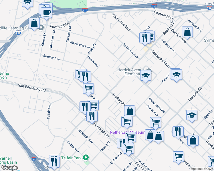 map of restaurants, bars, coffee shops, grocery stores, and more near 13324 Bradley Avenue in Los Angeles