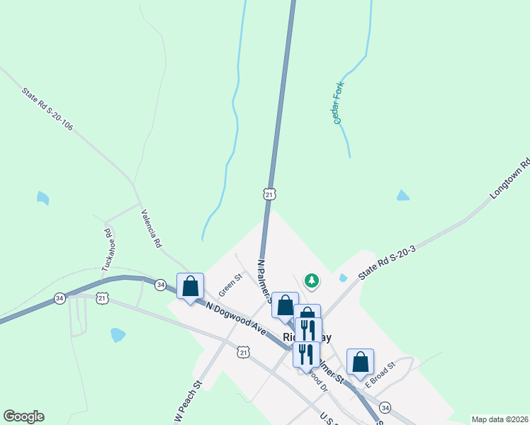 map of restaurants, bars, coffee shops, grocery stores, and more near 1100 U.S. 21 in Ridgeway