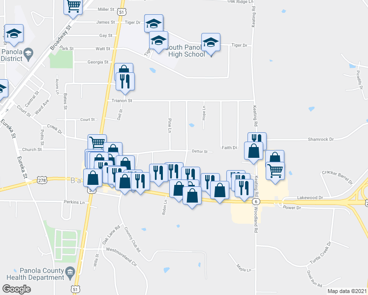 map of restaurants, bars, coffee shops, grocery stores, and more near 201 Vick Street in Batesville