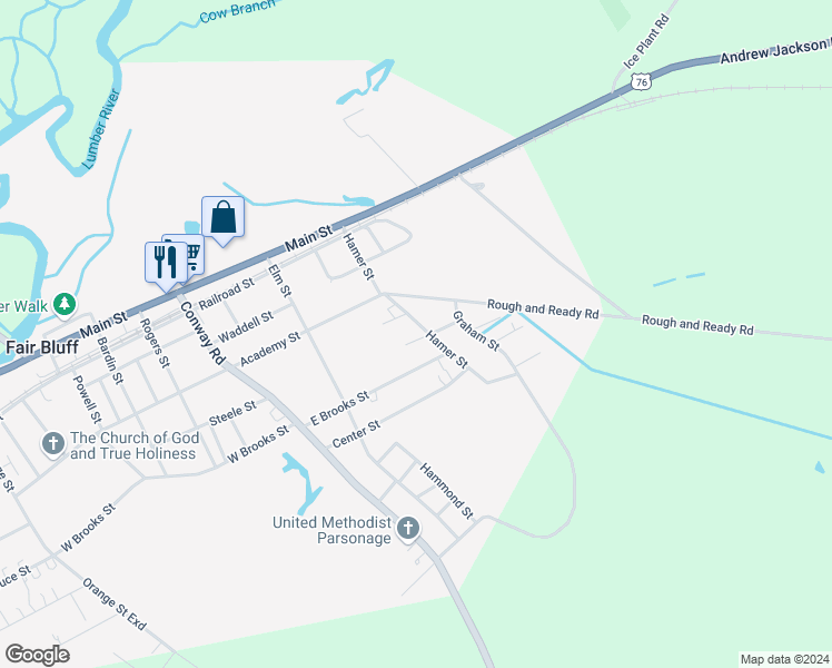 map of restaurants, bars, coffee shops, grocery stores, and more near 294 Hamer Street in Fair Bluff