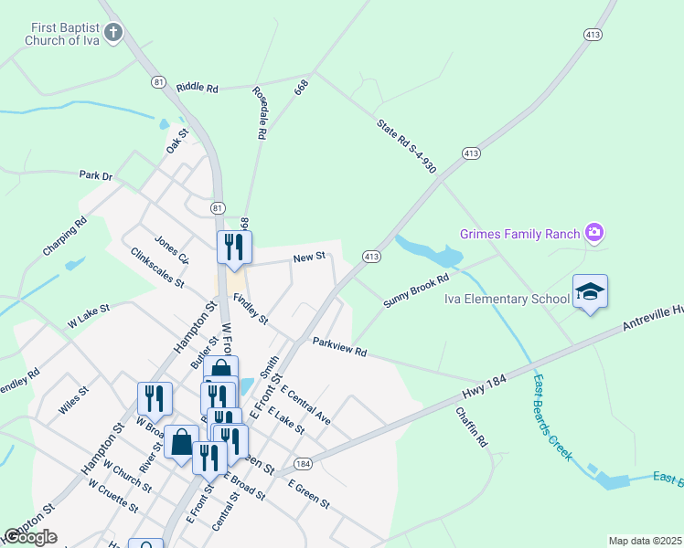 map of restaurants, bars, coffee shops, grocery stores, and more near 221 New Street in Iva