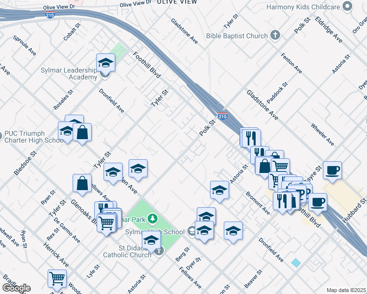 map of restaurants, bars, coffee shops, grocery stores, and more near 14215 Polk Street in Los Angeles