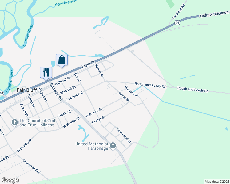 map of restaurants, bars, coffee shops, grocery stores, and more near 294 Hamer Street in Fair Bluff