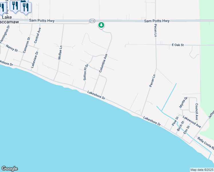 map of restaurants, bars, coffee shops, grocery stores, and more near 705 Robeson Avenue in Lake Waccamaw