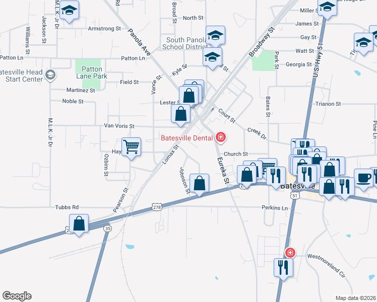 map of restaurants, bars, coffee shops, grocery stores, and more near 107 Johnson Street in Batesville