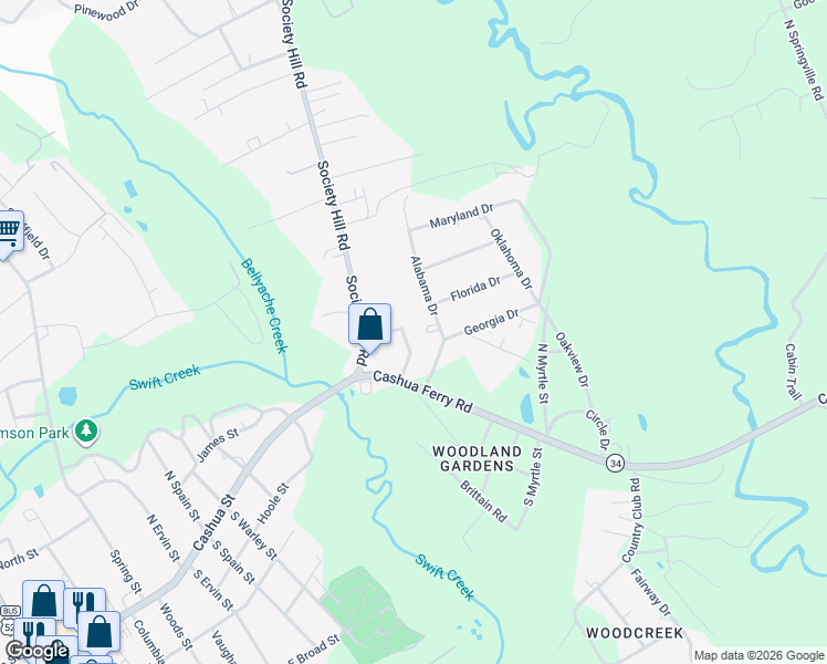 map of restaurants, bars, coffee shops, grocery stores, and more near 106 Min-Lou Circle in Darlington