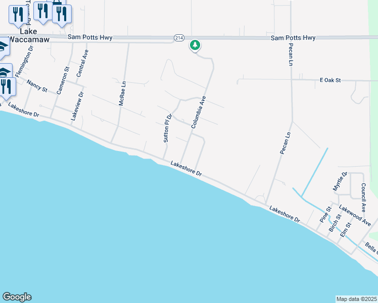 map of restaurants, bars, coffee shops, grocery stores, and more near 705 Columbia Avenue in Lake Waccamaw