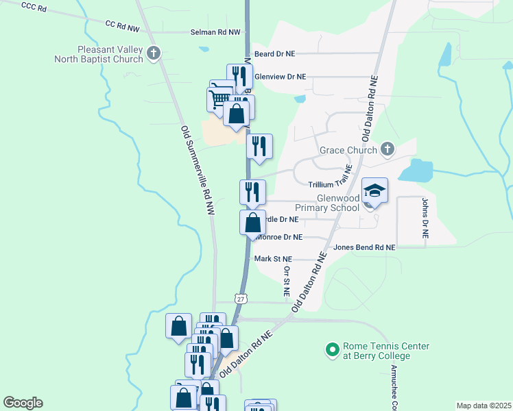 map of restaurants, bars, coffee shops, grocery stores, and more near 3212 Martha Berry Highway in Rome