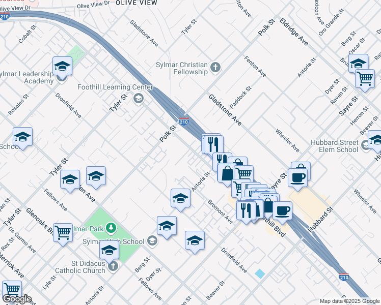 map of restaurants, bars, coffee shops, grocery stores, and more near 14022 Foothill Boulevard in Los Angeles