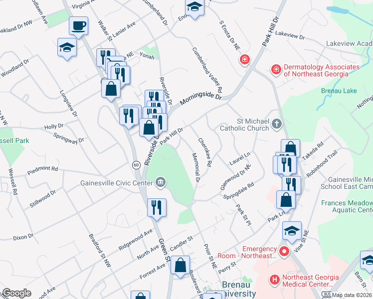 map of restaurants, bars, coffee shops, grocery stores, and more near 919 Memorial Drive in Gainesville