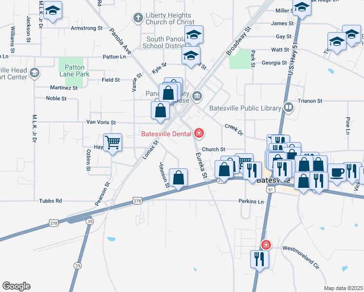 map of restaurants, bars, coffee shops, grocery stores, and more near 119 Dabney Street in Batesville