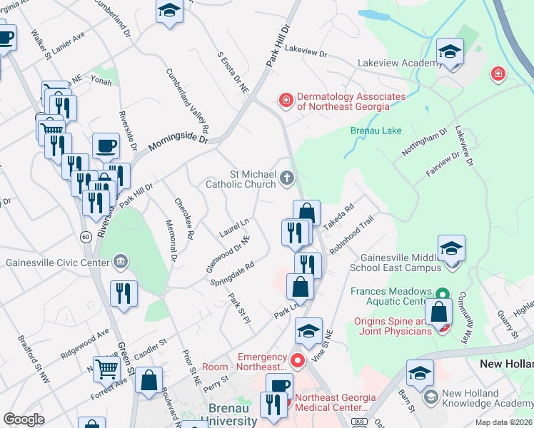 map of restaurants, bars, coffee shops, grocery stores, and more near 1300 Springdale Road in Gainesville
