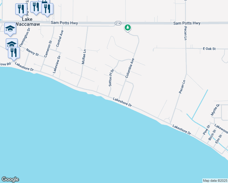 map of restaurants, bars, coffee shops, grocery stores, and more near 106 Sutton Place Drive in Lake Waccamaw