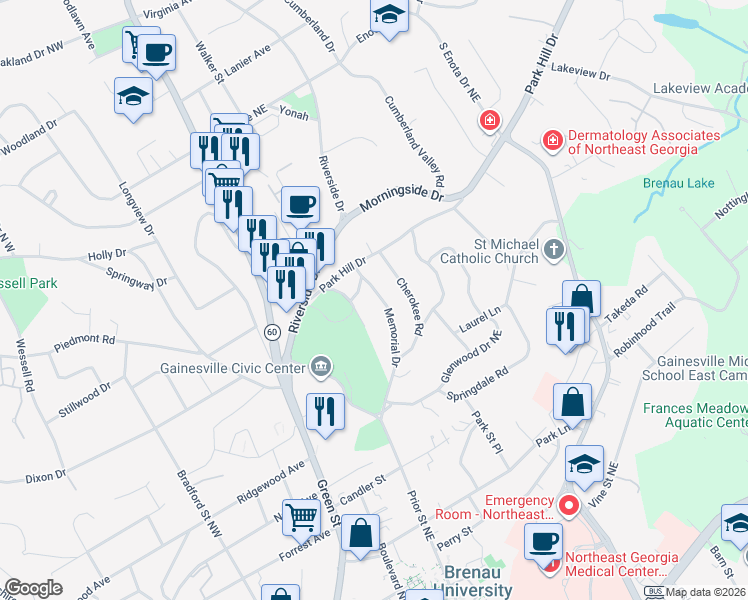 map of restaurants, bars, coffee shops, grocery stores, and more near 919 Memorial Drive in Gainesville
