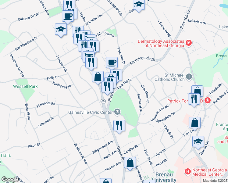 map of restaurants, bars, coffee shops, grocery stores, and more near 1015 Park Hill Drive in Gainesville
