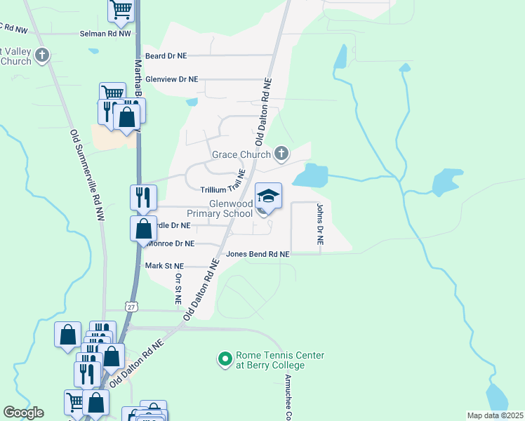 map of restaurants, bars, coffee shops, grocery stores, and more near 75 Glenwood School Road Northeast in Rome