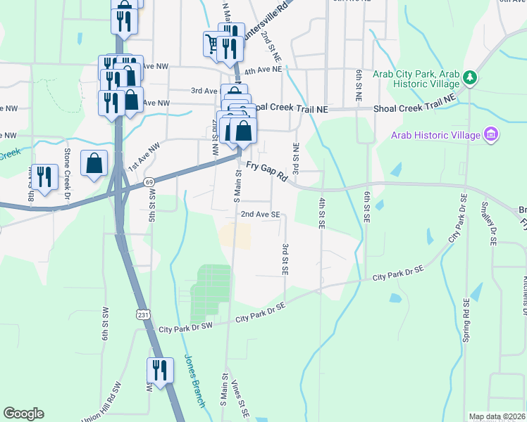map of restaurants, bars, coffee shops, grocery stores, and more near 131 2nd Ave SE in Arab