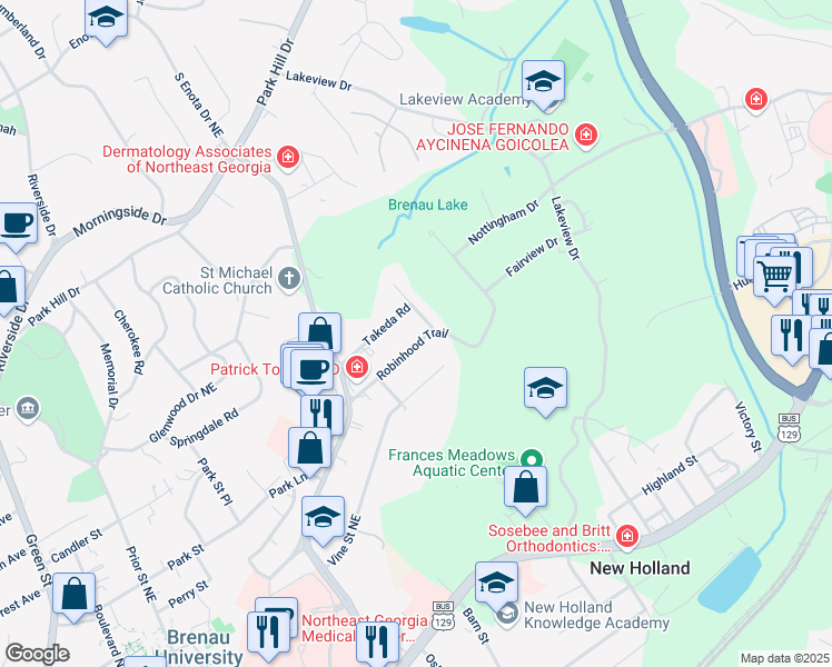 map of restaurants, bars, coffee shops, grocery stores, and more near 1505 Robinhood Trail in Gainesville