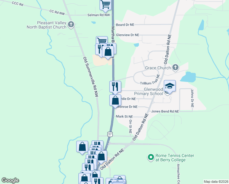 map of restaurants, bars, coffee shops, grocery stores, and more near 3212 Martha Berry Highway in Rome