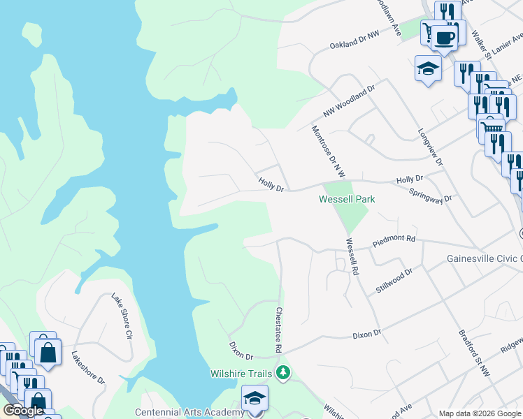 map of restaurants, bars, coffee shops, grocery stores, and more near 725 Northwest Beverly Drive in Gainesville