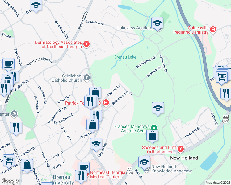 map of restaurants, bars, coffee shops, grocery stores, and more near 1490 Takeda Road in Gainesville