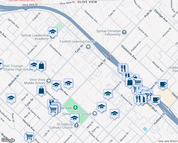 map of restaurants, bars, coffee shops, grocery stores, and more near 14215 Polk Street in Los Angeles