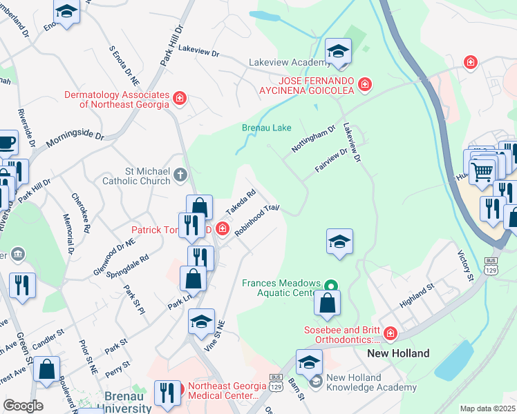 map of restaurants, bars, coffee shops, grocery stores, and more near 1505 Robinhood Trail in Gainesville