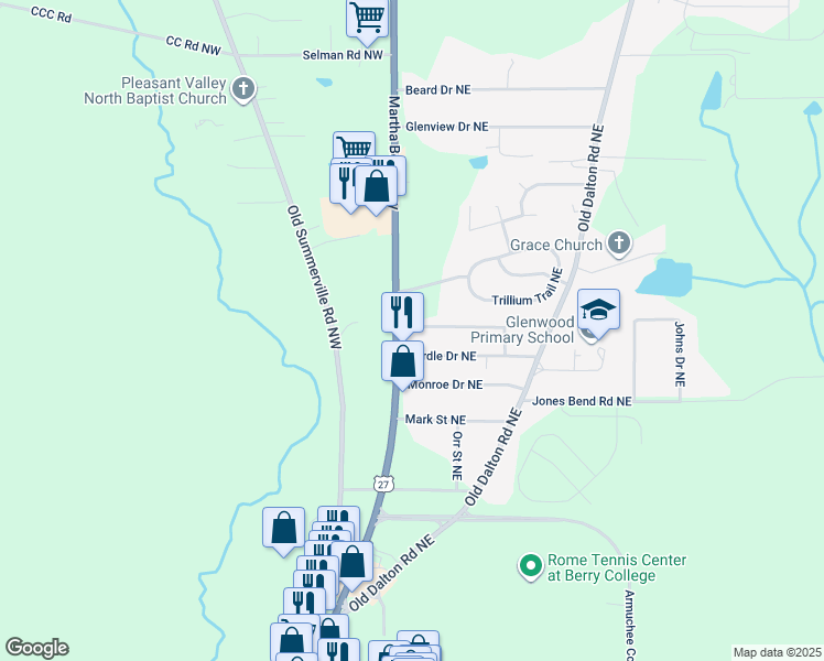 map of restaurants, bars, coffee shops, grocery stores, and more near 3212 Martha Berry Highway in Rome