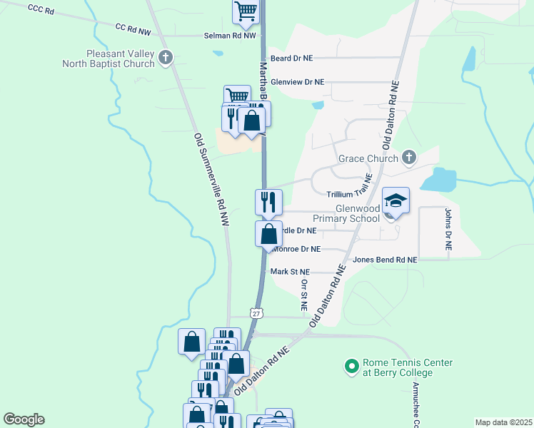 map of restaurants, bars, coffee shops, grocery stores, and more near 0 Martha Berry Highway in Rome