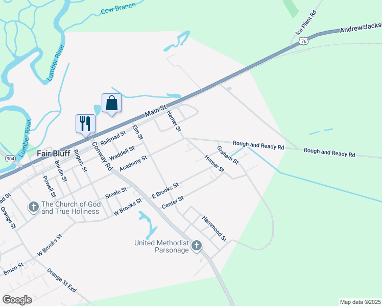 map of restaurants, bars, coffee shops, grocery stores, and more near 19 Park Drive in Fair Bluff