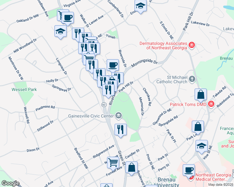 map of restaurants, bars, coffee shops, grocery stores, and more near 1023 Park Hill Drive in Gainesville