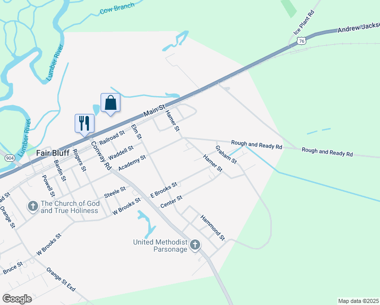 map of restaurants, bars, coffee shops, grocery stores, and more near 19 Park Drive in Fair Bluff