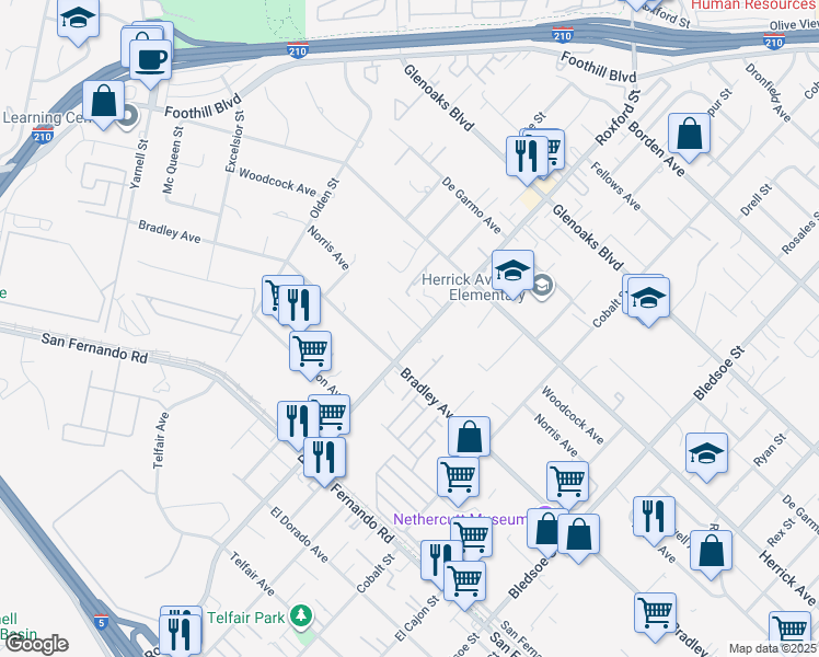 map of restaurants, bars, coffee shops, grocery stores, and more near 13349 Los Olivos Road in Los Angeles
