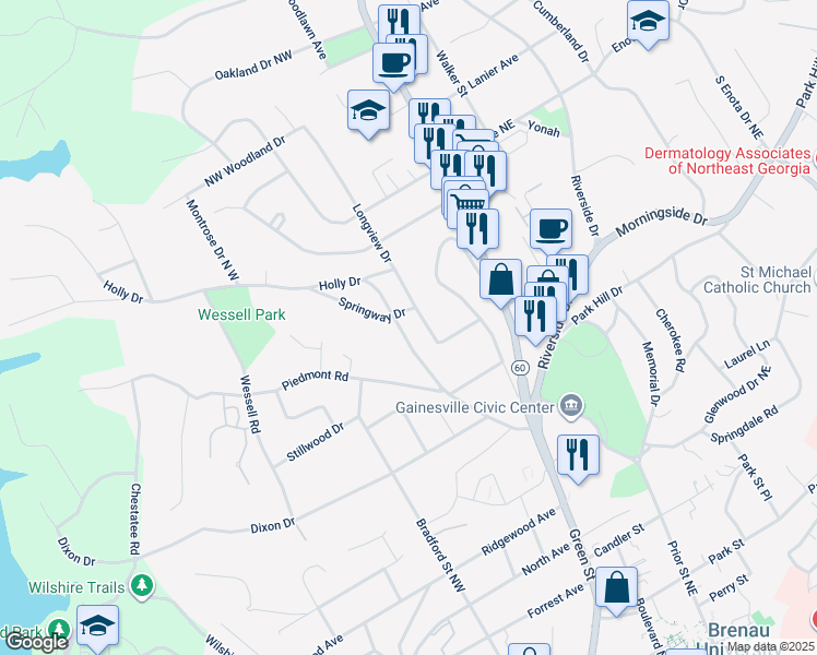 map of restaurants, bars, coffee shops, grocery stores, and more near 1076 Holly Drive in Gainesville