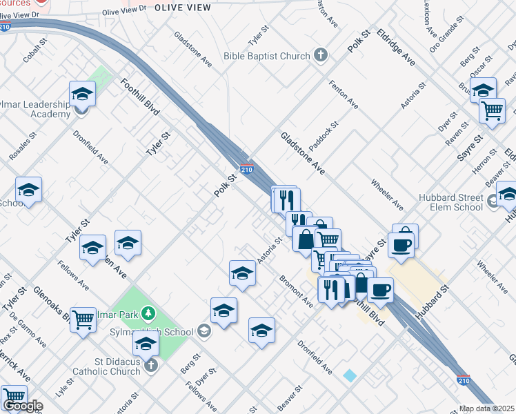 map of restaurants, bars, coffee shops, grocery stores, and more near 14022 Foothill Boulevard in Los Angeles