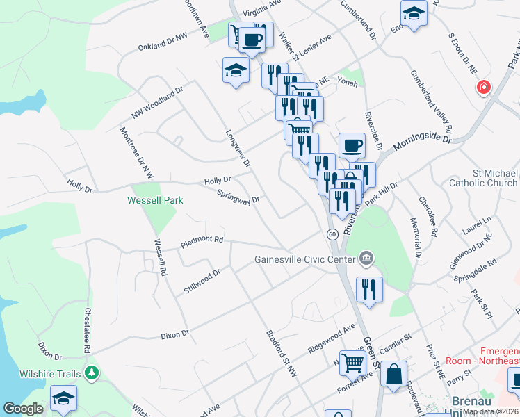map of restaurants, bars, coffee shops, grocery stores, and more near 1076 Holly Drive in Gainesville