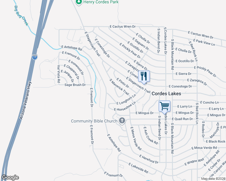map of restaurants, bars, coffee shops, grocery stores, and more near 19922 East Longhorn Lane in Mayer