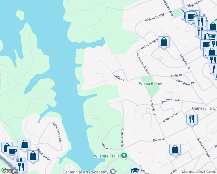 map of restaurants, bars, coffee shops, grocery stores, and more near 725 Northwest Beverly Drive in Gainesville